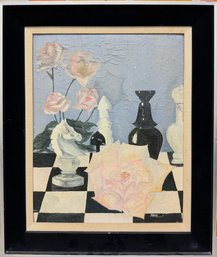 Original Nikki Haskell Surrealist 'Chess & Roses' Still Life Oil Painting