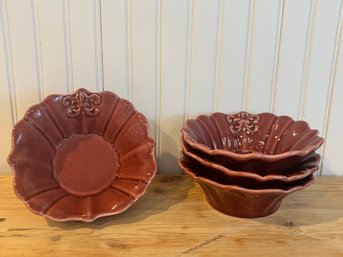 Set Of 4 - Red Fluted Cereal Bowls