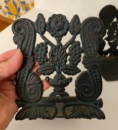 Cast Iron Vintage Bookends With Floral Designs