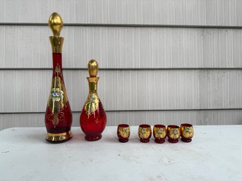 Ruby Red And Gold Glass Decanter Featuring Hand Painted Floral Enamel Details