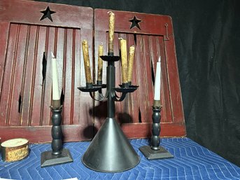 Candleabra With 5 Candles And 2 Metal & Wood Candle Sticks With Battery Operated Candles