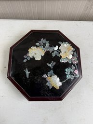 Korean Octagonal Lacquer Tray Featuring A Glossy Black Background And Iridescent Mother Of Pearl