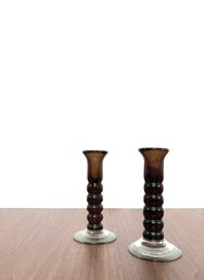 Hand Blown Segmented Root Beer Glass Candlestick Pillars On Clear Bases