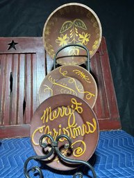 Iron Plate Rack With Wood Bowl And Two Plates