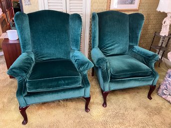 Teal-Green Velveteen Wingback Armchairs