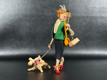 An Absolutely Fabulous Mid-Century Felt Doll, Highly-Detailed Woman With Dog, Includes B. Altman Box!