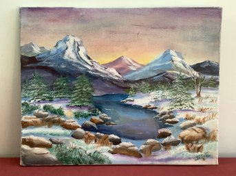 Oil On Canvas- Winter River Mountain Scene
