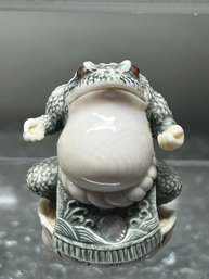 Artist Signed Japanese Carved Bone Netsuke Of A Sumo Wrestler Frog