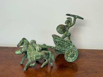 Vintage Bronze Sculpture Of Roman Warrior With Chariot And Horses