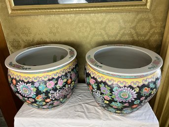 Pair Of Vintage Large Chinese Style Glazed Pottery Fishbowls