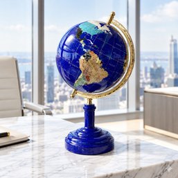 Decorative Semi-Precious Gemstone Inlaid Terrestrial Globe With Gilt-Metal Meridian And Cobalt Blue Pedestal,