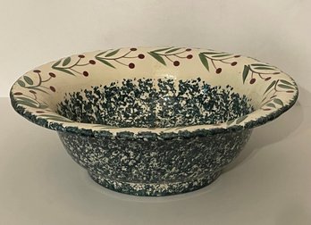 Pretty Spongeware Bowl With Hand Painted Floral Design