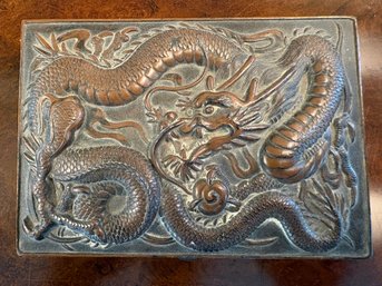 Heavy Bronze -brass Vintage Chinese Box Featuring High Relief Dragon Motif.  Signed 1936