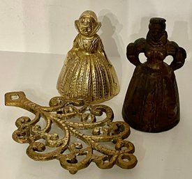 Vintage Brass Trivet & Two Brass Lady Bells