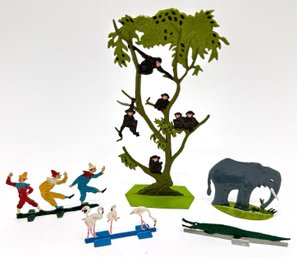 5 French Miniature Metal Hand Cut & Painted Sculptures: Animals & Jesters In Metal Gift Box