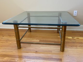 MCM Mastercraft Style Faux Bamboo Brass Base Coffee Table With Glass Top