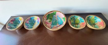 Set Of 5 Wooden Bird Themed Bowls