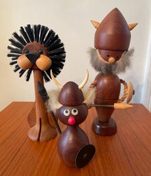 Three Vintage Wooden Danish Modern Figures - 2 Vikings & Lion