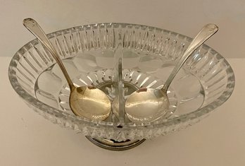 Vintage Italian Glass Serving Bowl With Silver Plate Base & Two Sheffield Plate Serving Spoons