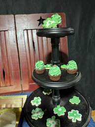 3 Tier Spinning Wood Black Lazy Susan Filled With Artificial Cupcakes And Cookies