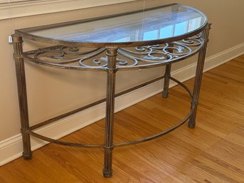 A Beautiful Demi Lune Metal Bird Design & Glass Top Table