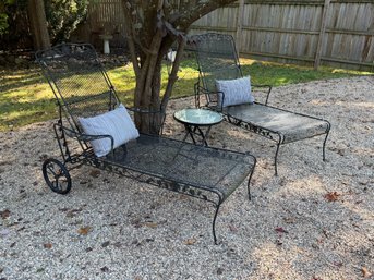 Pair Of Iron Lounge Chairs And Small Folding Table With Glass Top