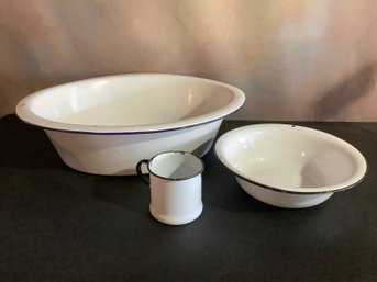 White Enameled Bowls & Cup Lot Of 3