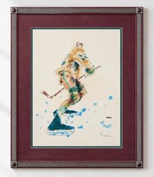 Tanabe, Signed And Numbered Hockey Player Action Composition With Blue Accents, Framed Screen Print
