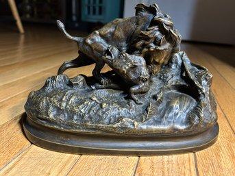 Magnificent Antique Victorian Era Bronze Sculpture- A Male Lion Pouncing On A Boar