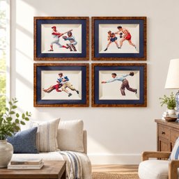 Set Of Four Framed Vintage-Style American Sports Illustrations: Baseball, Boxing, Football And Bowling