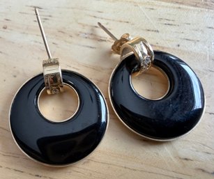14K Gold Black Onyx & Diamond Accent Drop Earrings Circular Onyx Donut Dangle Earrings