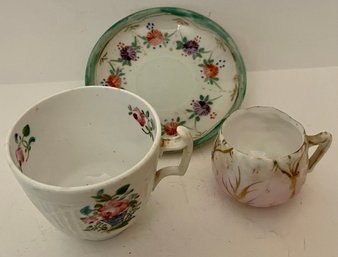 Two Hand Painted Antique Cups - One Saucer