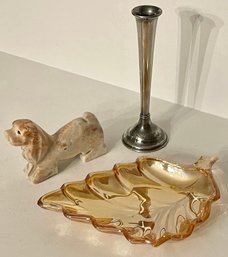 A Bud Vase, A Carved Stone Dog & An Iridescent Glass Leaf Shaped Tray