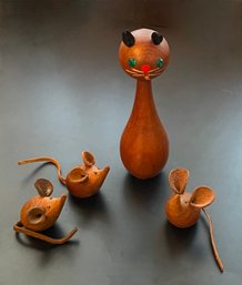 Danish Modern H F Wooden Cat & Three Mice