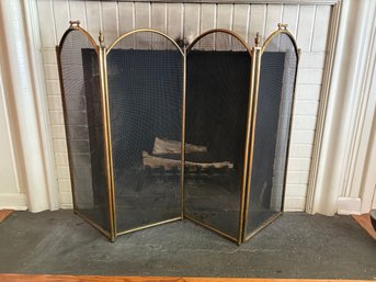 Vtg 4 Panel Arch Fireplace Screen Black Mesh Brass Accents