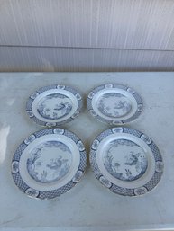 Group Of Antique Tuscan China Serving Plate Blue Cranes And Floral Chinoiserie