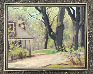 Oil On Board, Trees At The Corner Of A House, Unsigned