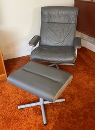 Vintage Gray Leather Lounge Chair & Ottoman