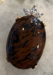 Stunning 18K Gold Large Mahogany Obsidian Cabochon Pendant With Diamond Accents