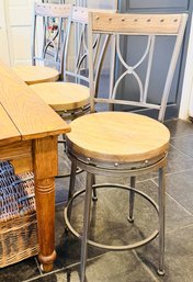 Set Of 3 - Industrial Meets Rustic Wood & Brushed Steel Counter Height Stools