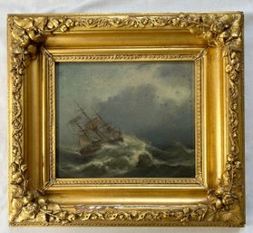 Antique Signed GJ Denny Gold Gilded Frame Oil Painting Of Sailing Ship