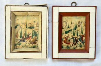 Antique Signed Persian Miniature Paintings On Bone Or Ivory Depicting Hunting Scenes.