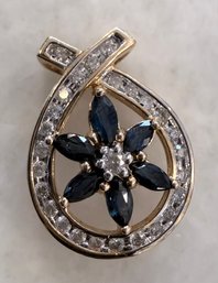 Gorgeous 14K Gold Sapphire And Diamond Floral Pendant