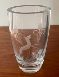 Mid Century Modern Etched Crystal Vase With Deer  & Flowers