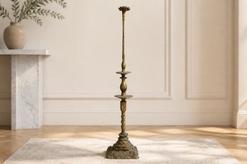 1 Of 2 Brutalist Bronze Floor Candlestick Sculpture With Verdigris Patina, Tel Aviv Gallery Provenance