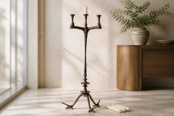 1 Of 2 Rare Sculptural Brutalist Bronze Floor Candelabra With Verdigris Patina, Tel Aviv Gallery Provenance