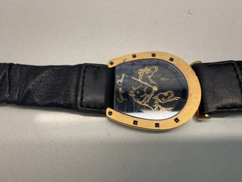 Rare 1970s Vintage Georges Claude Horseshoe Watch With Ruched Leather Strap