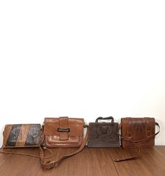 Collection Of 4 Vintage Exotic Leather Handbags: Snakeskin, Embossed Leather & Tooled Shoulder Bags