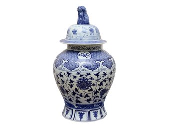 Large Blue And White Porcelain Chinese Lidded Vase With Figural Scene And Foo Dog Finial 14'x 26 1/2'