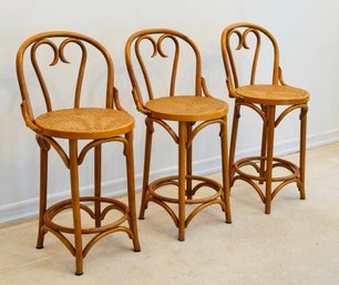 Set Of 3 - Mid Century Vintage Cane Round Bar Height Stools After Thonet